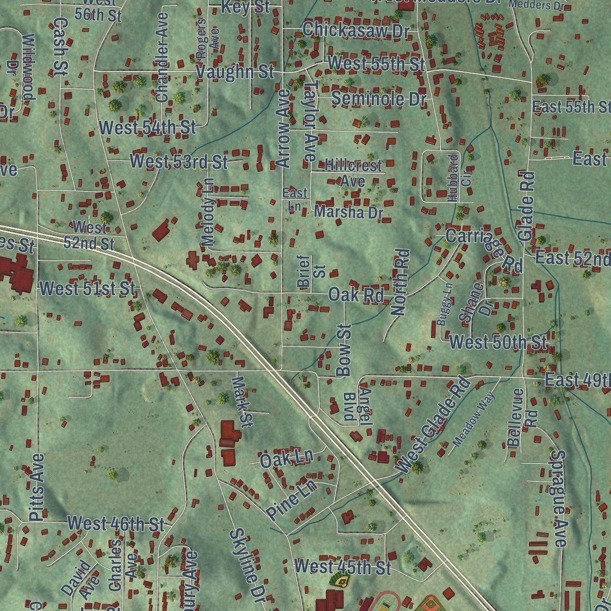 Close-up of the map of Saks, Alabama print showing street and building detail