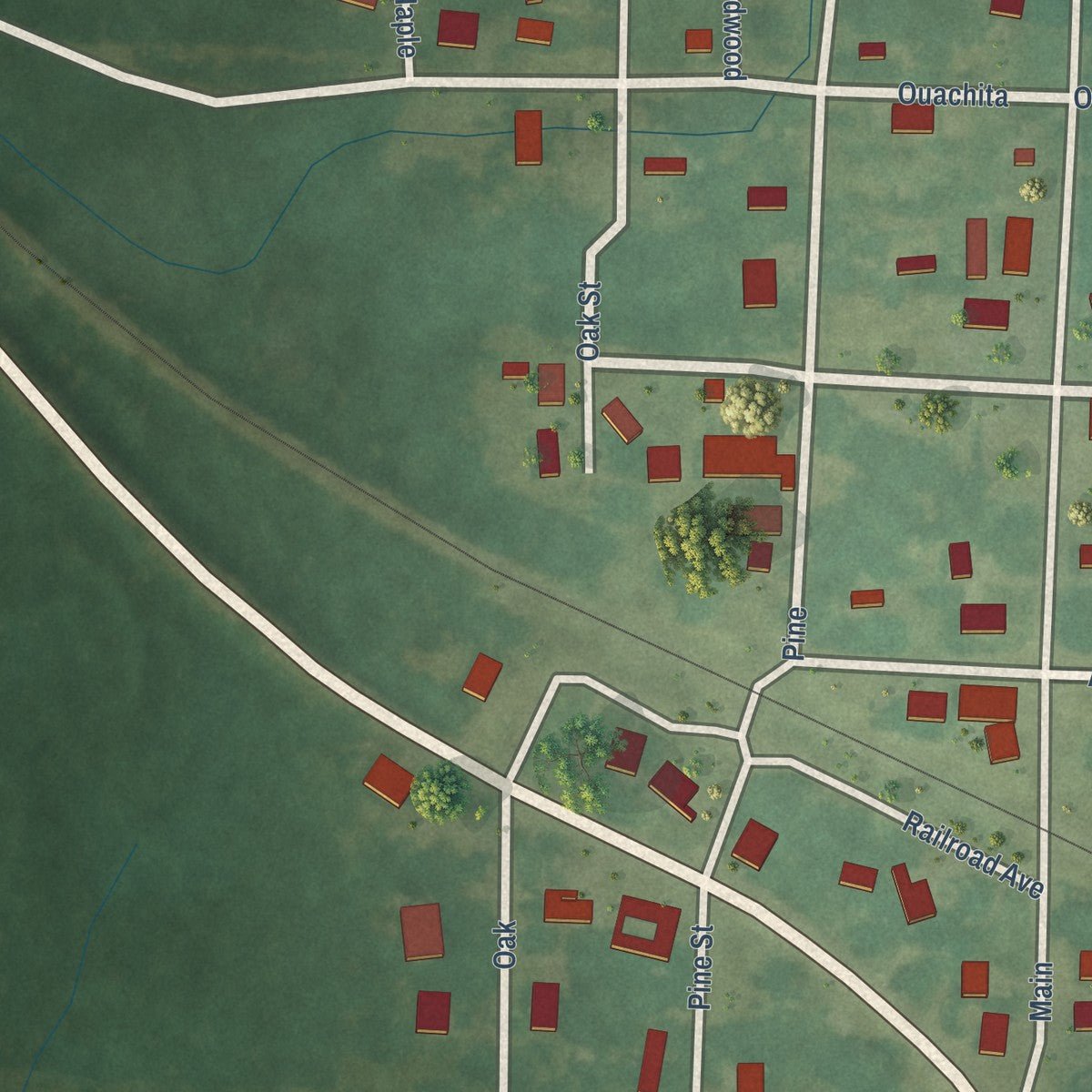 Close-up of the map of Louann, Arkansas print showing street and building detail