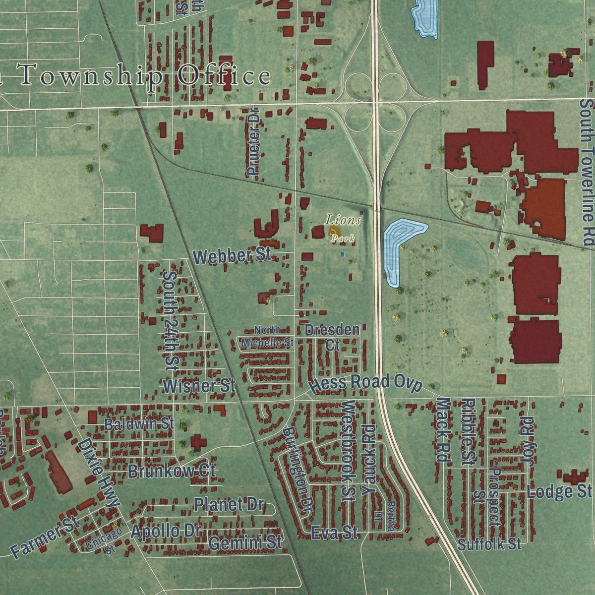 Close-up of the map of Buena Vista, Michigan print showing street and building detail