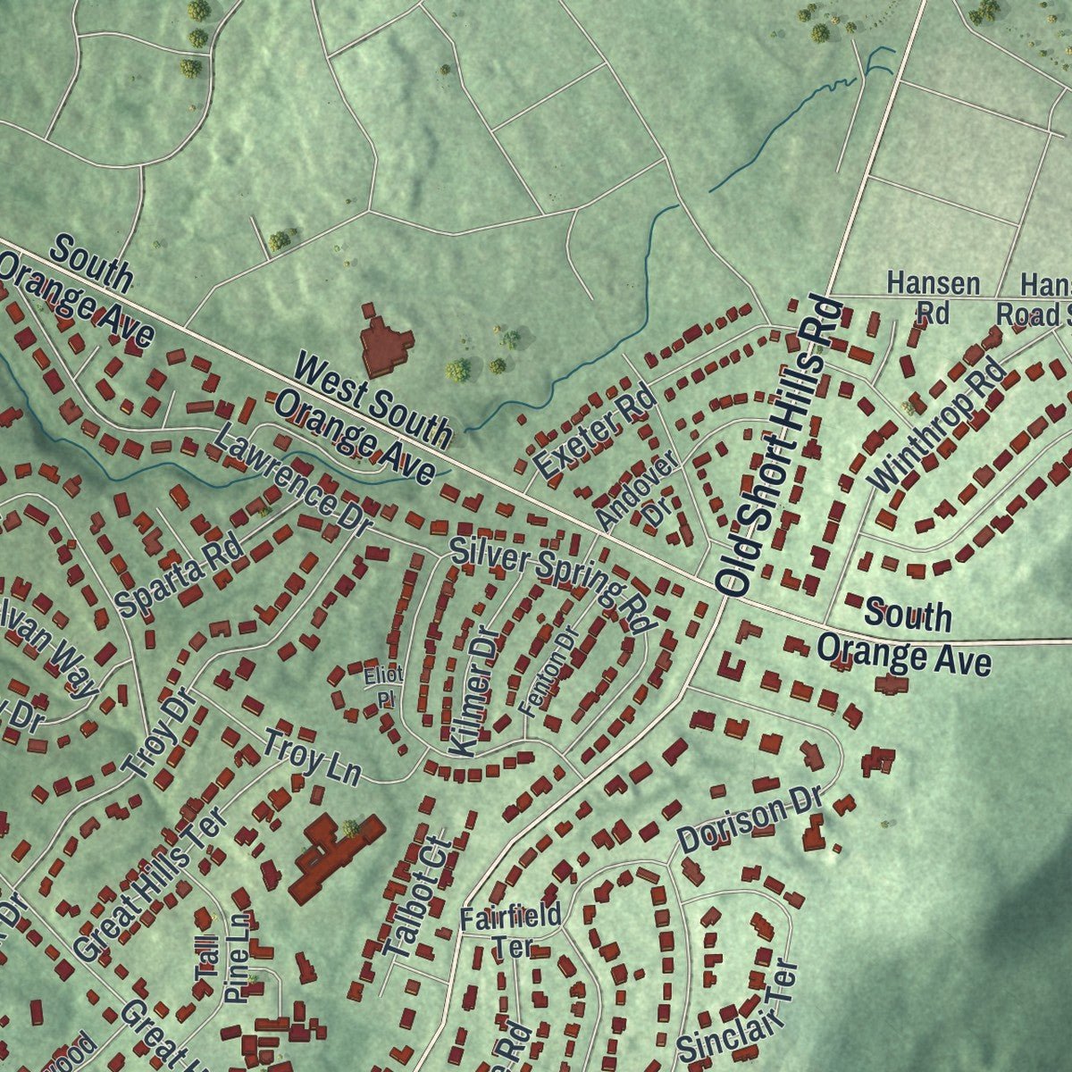 Close-up of the map of Short Hills, New Jersey print showing street and building detail