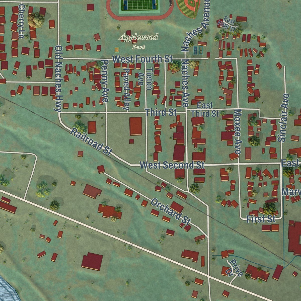Close-up of the map of Naches, Washington print showing street and building detail