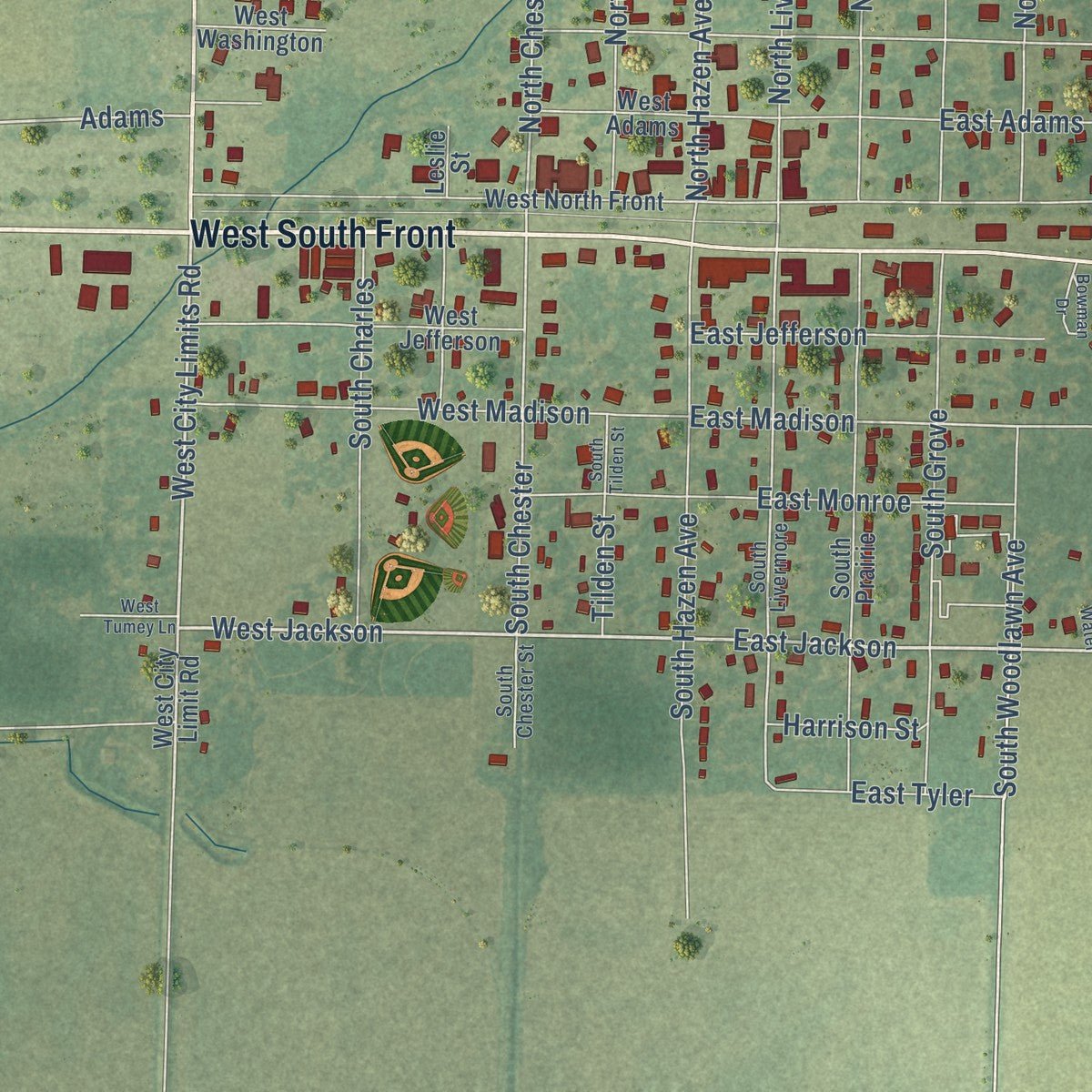 Close-up of the map of Hazen, Arkansas print showing street and building detail