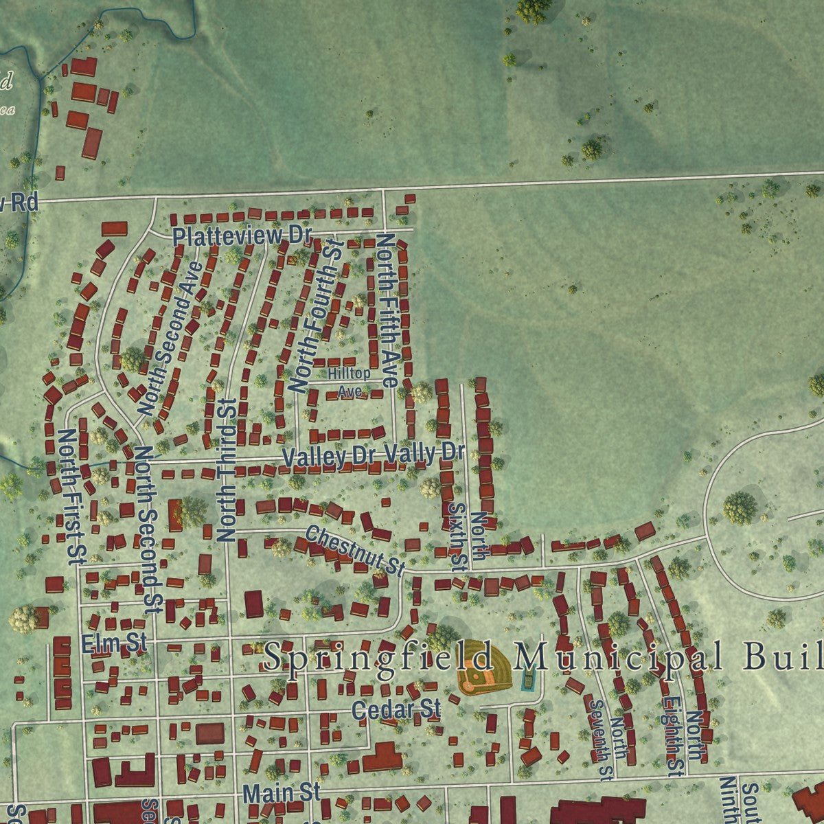 Close-up of the map of Springfield, Nebraska print showing street and building detail