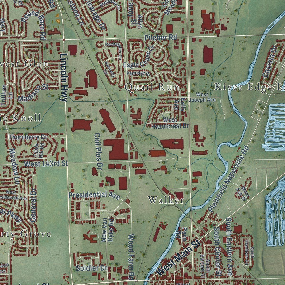 Close-up of the map of Plainfield, Illinois print showing street and building detail