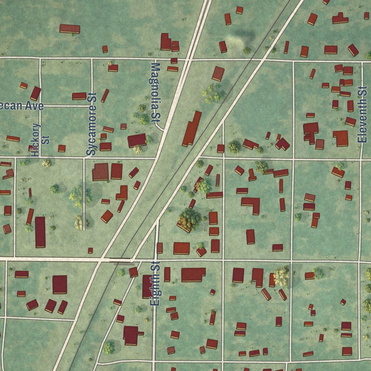 Close-up of the map of Glenmora, Louisiana print showing street and building detail