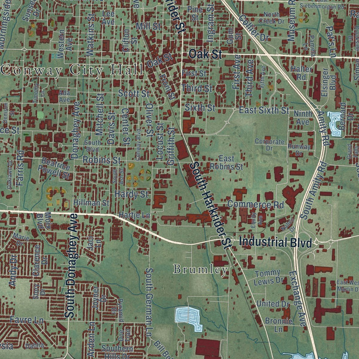 Close-up of the map of Conway, Arkansas print showing street and building detail