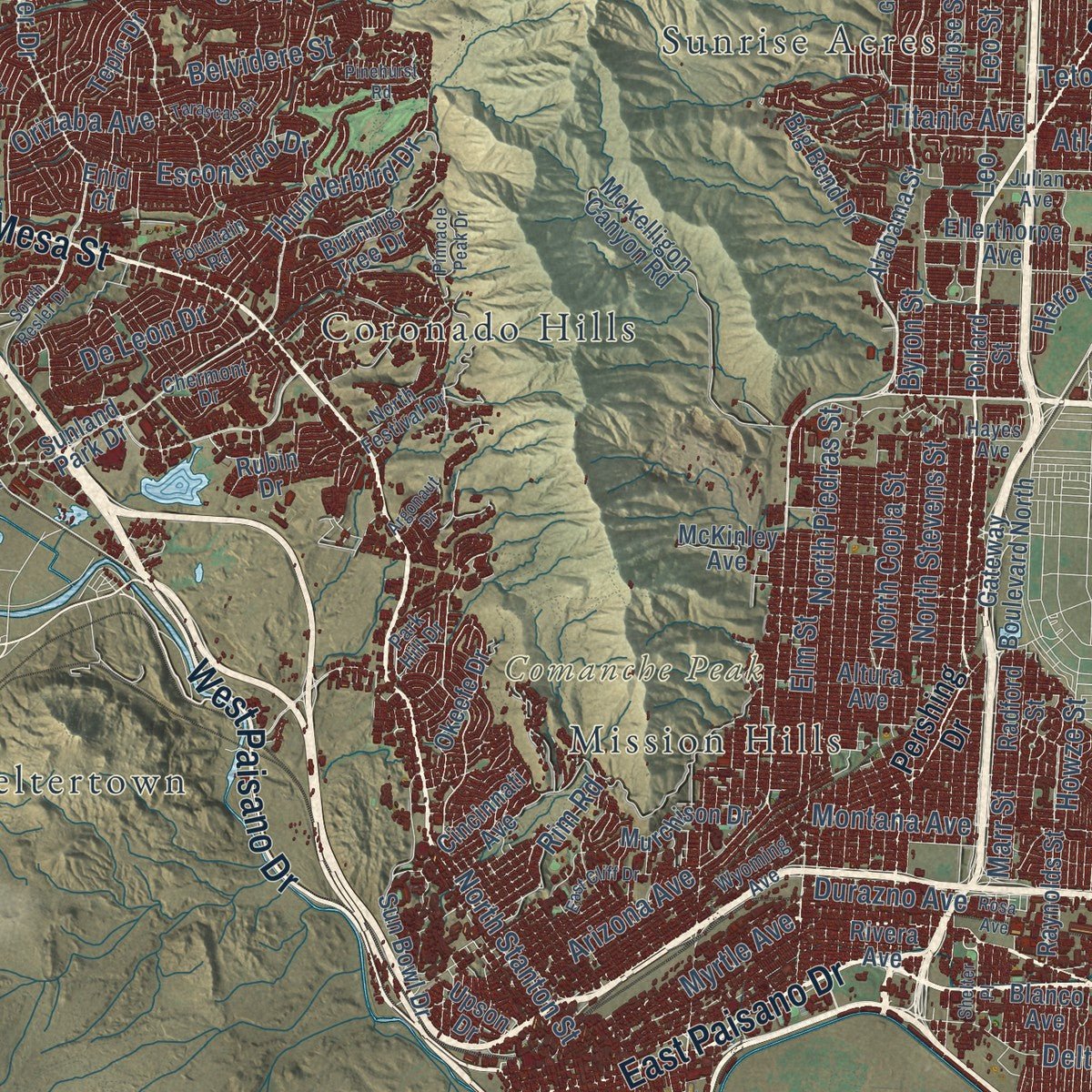 Close-up of the map of El Paso, Texas print showing street and building detail