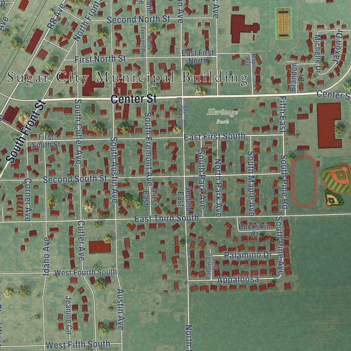 Close-up of the map of Sugar City, Idaho print showing street and building detail