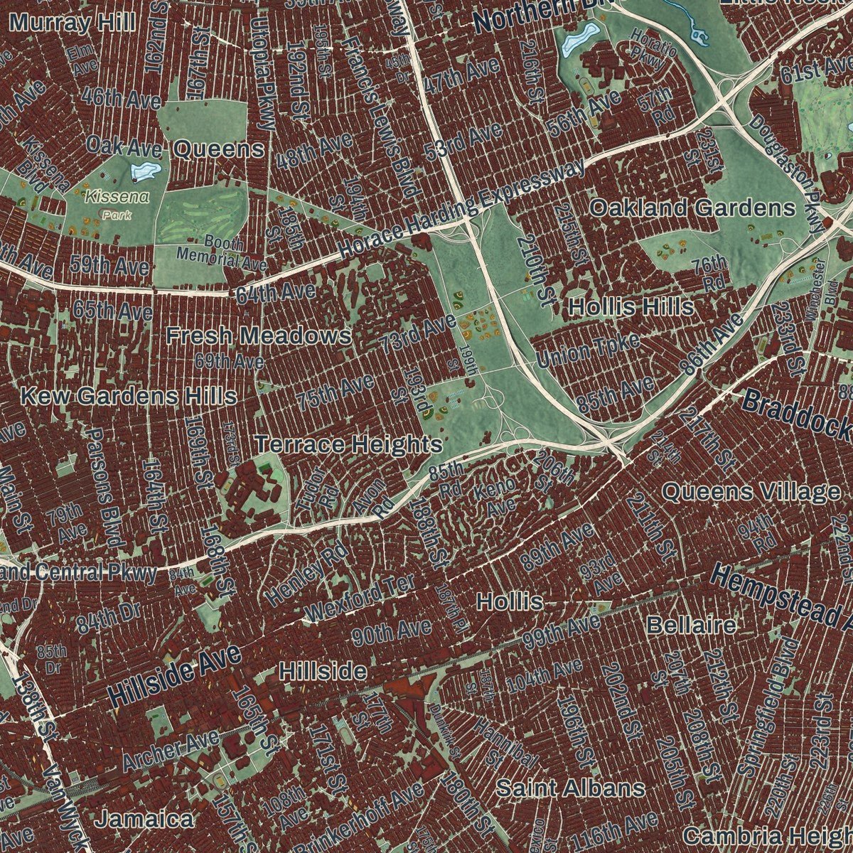Close-up of the map of Queens, New York print showing street and building detail