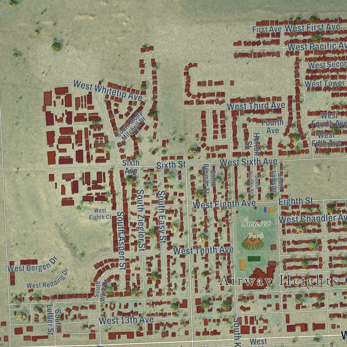 Close-up of the map of Airway Heights, Washington print showing street and building detail