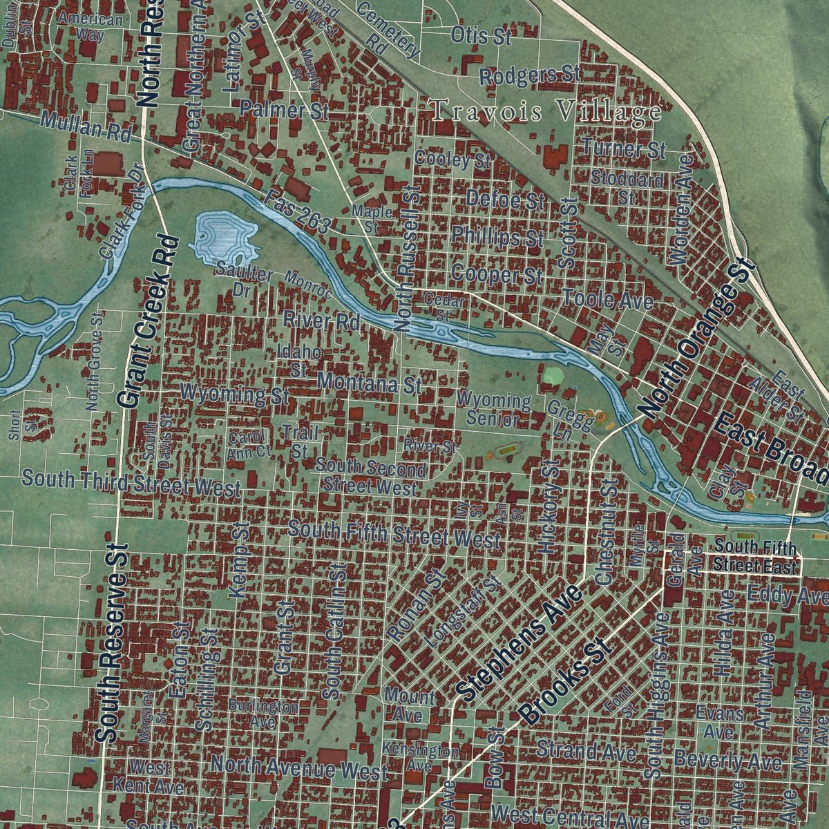 Close-up of the map of Missoula, Montana print showing street and building detail
