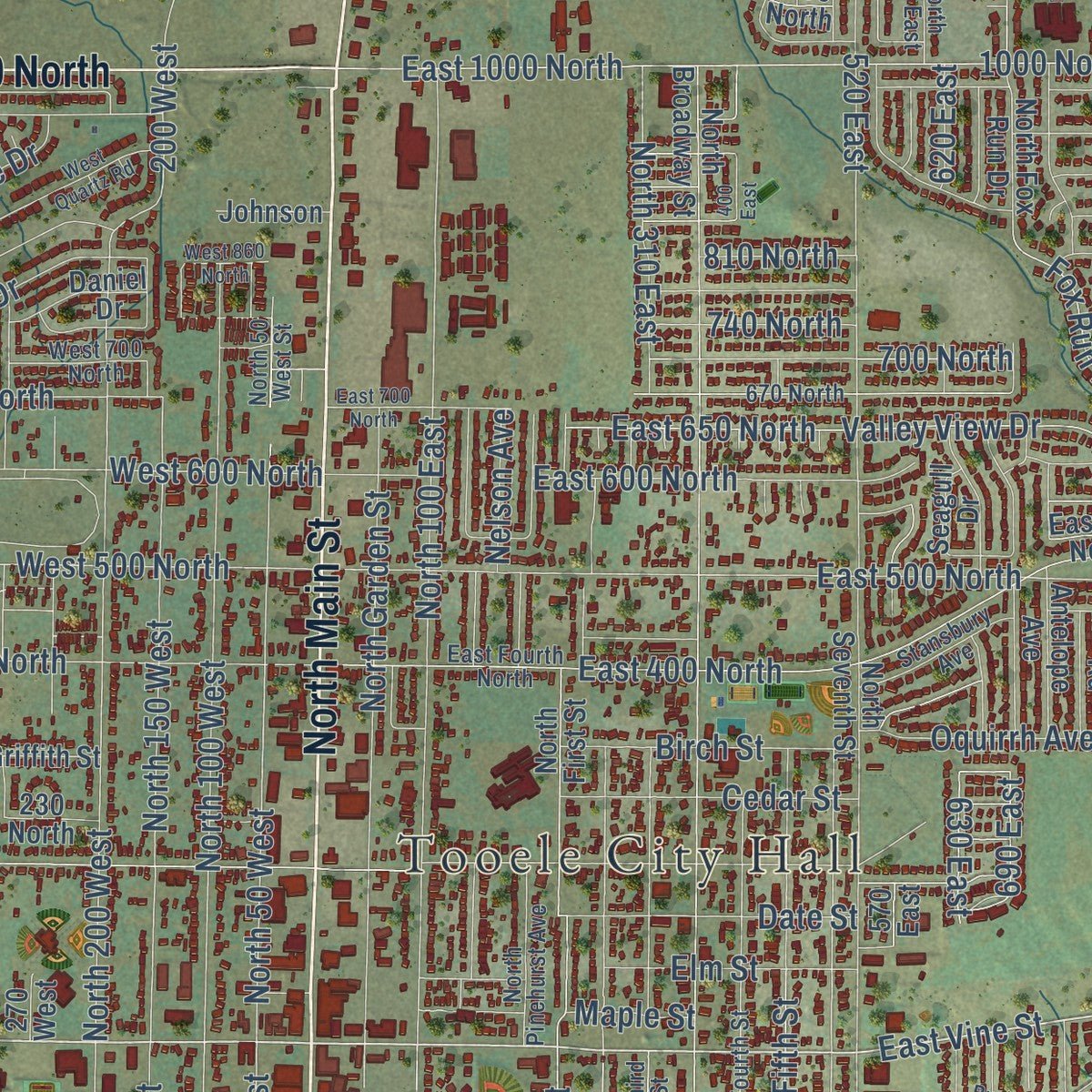 Close-up of the map of Tooele, Utah print showing street and building detail