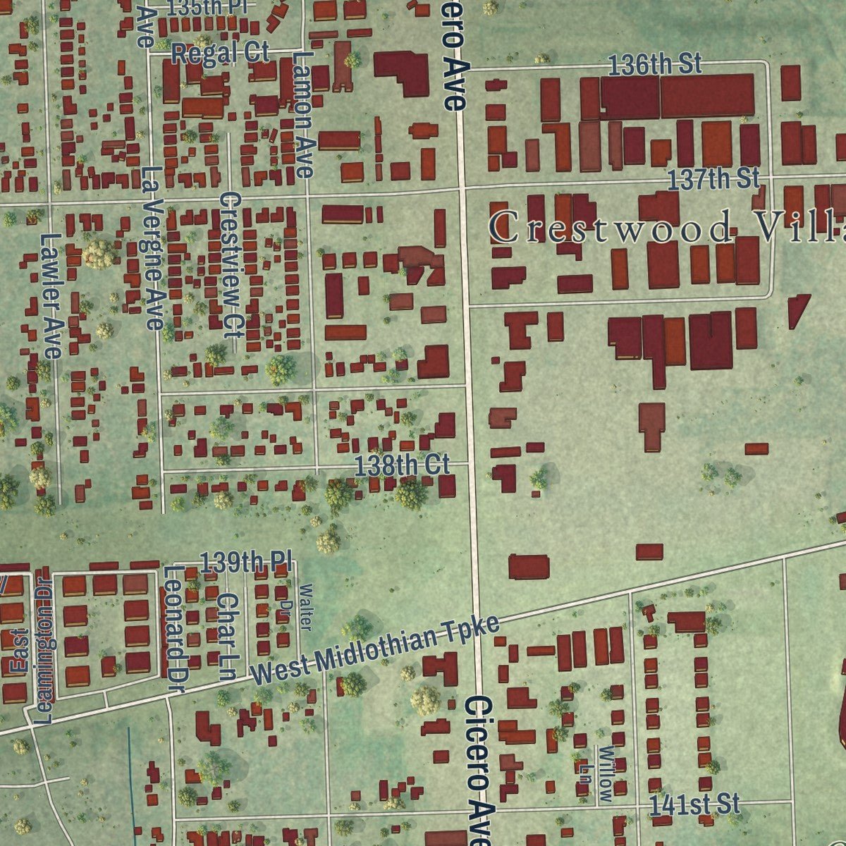 Close-up of the map of Crestwood, Illinois print showing street and building detail