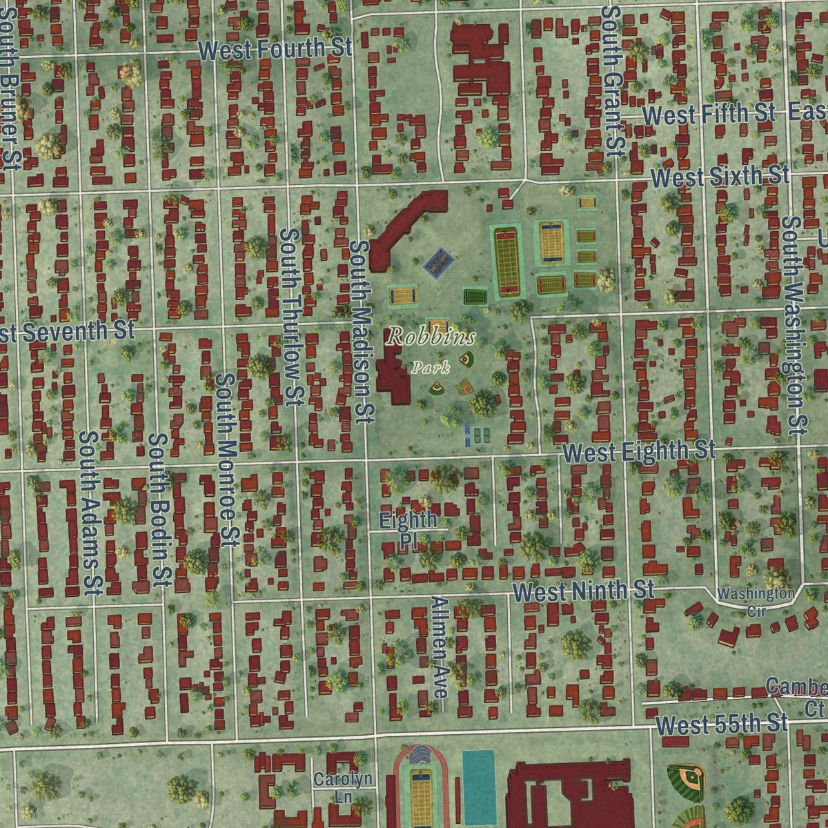 Close-up of the map of Hinsdale, Illinois print showing street and building detail