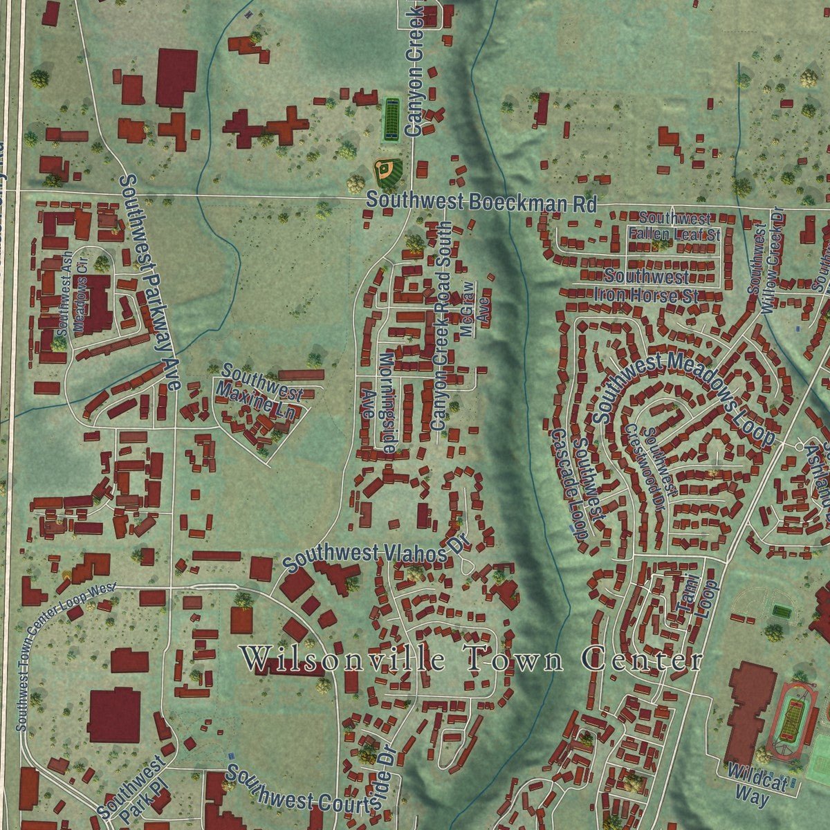 Close-up of the map of Wilsonville, Oregon print showing street and building detail