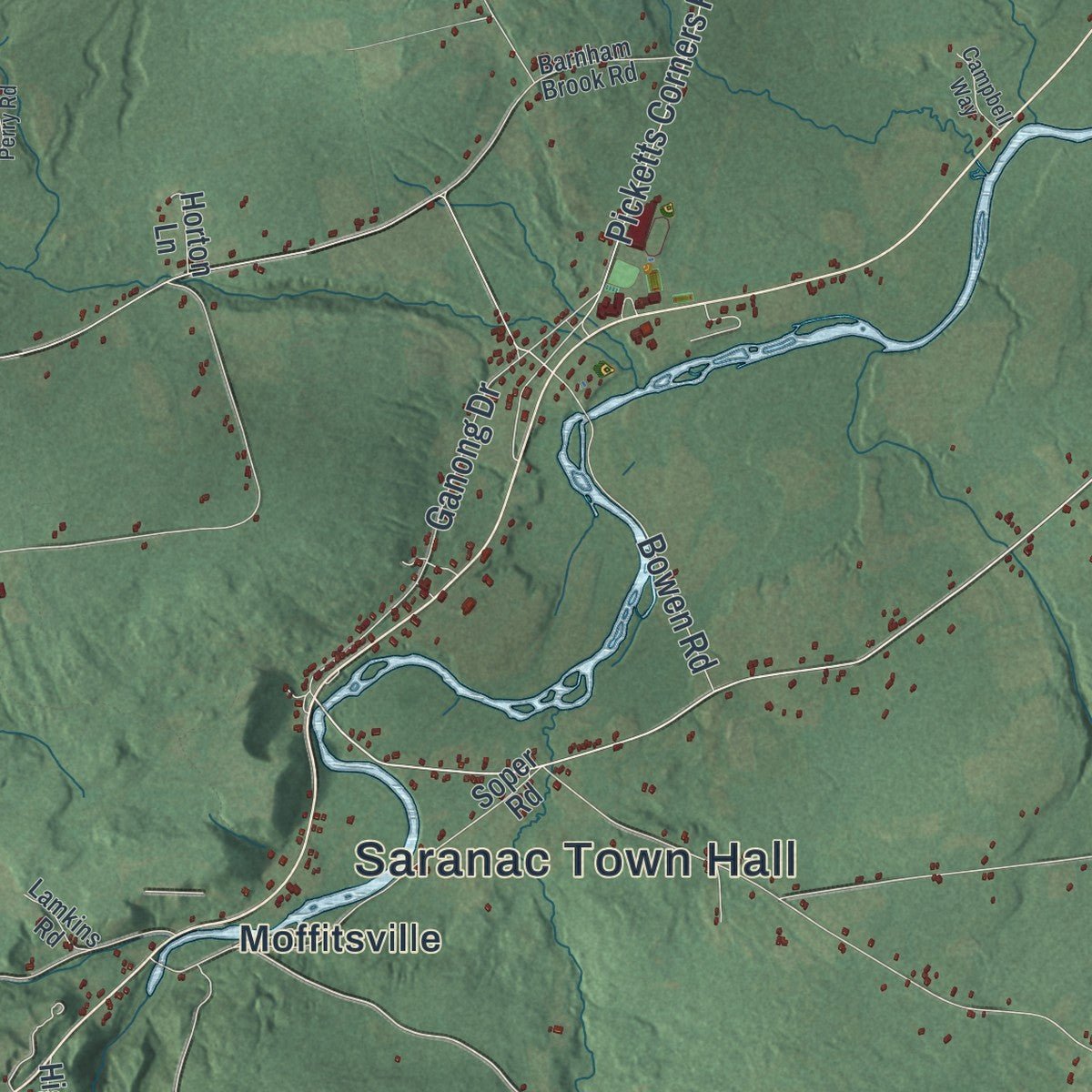 Close-up of the map of Saranac, New York print showing street and building detail