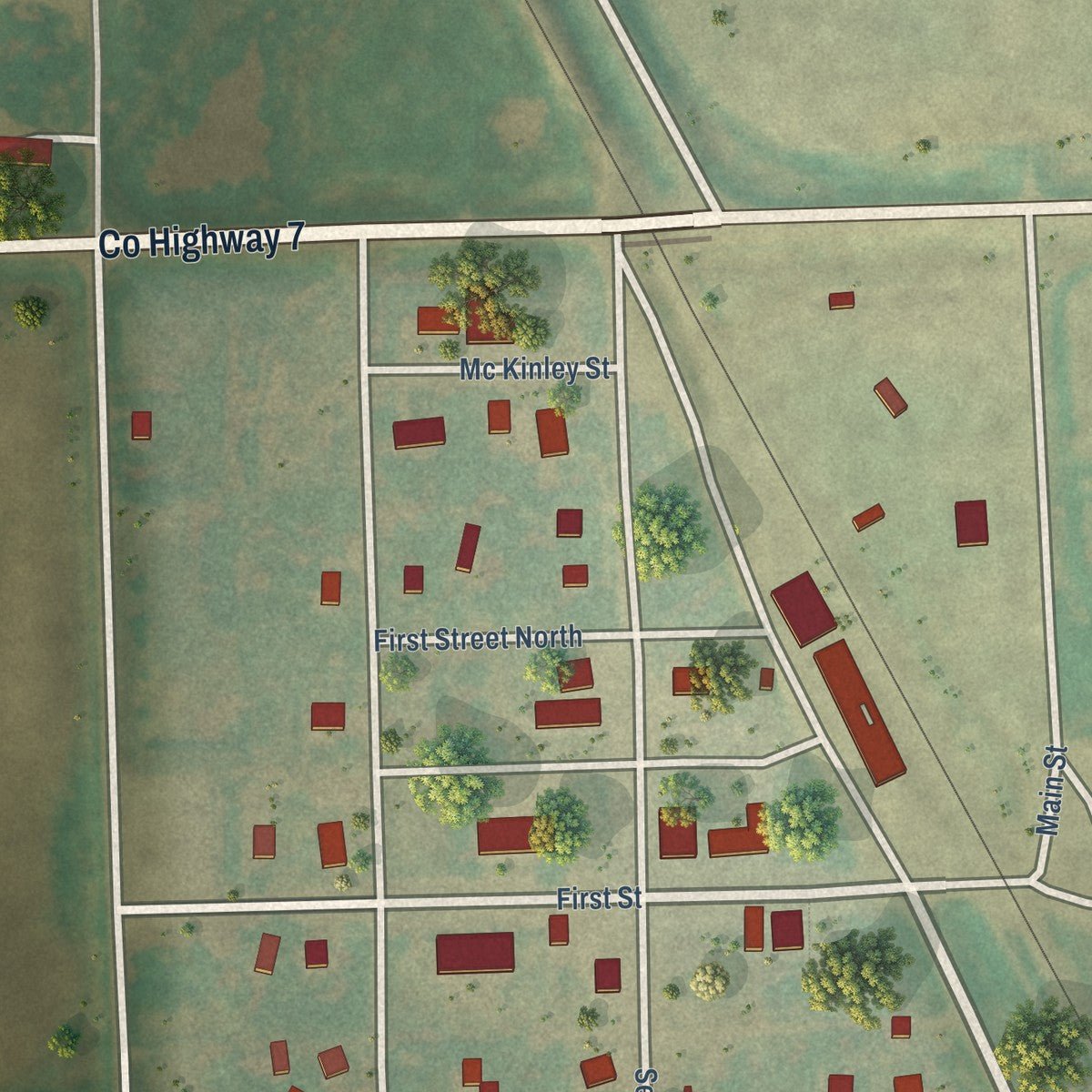 Close-up of the map of Sharon, North Dakota print showing street and building detail