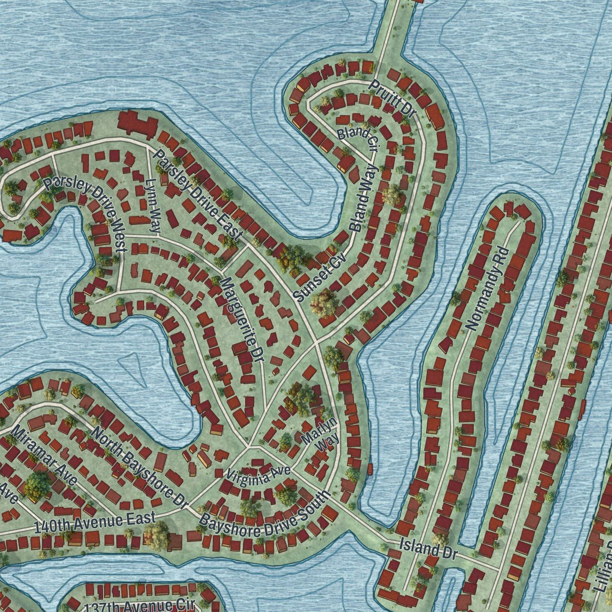 Close-up of the map of Madeira Beach, Florida print showing street and building detail