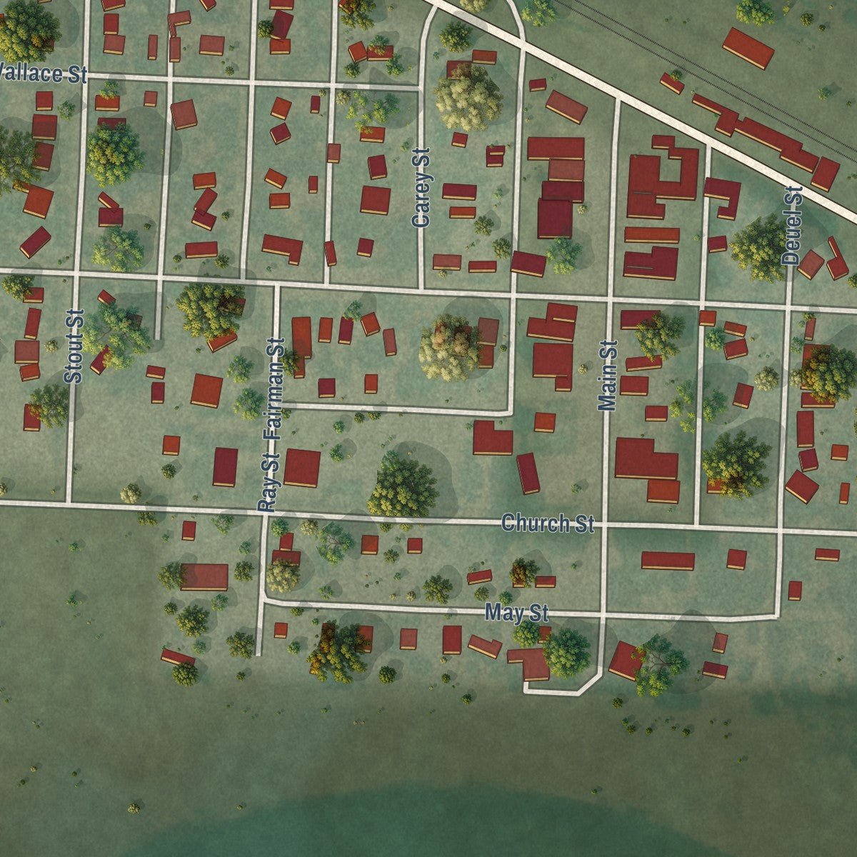 Close-up of the map of Lewellen, Nebraska print showing street and building detail