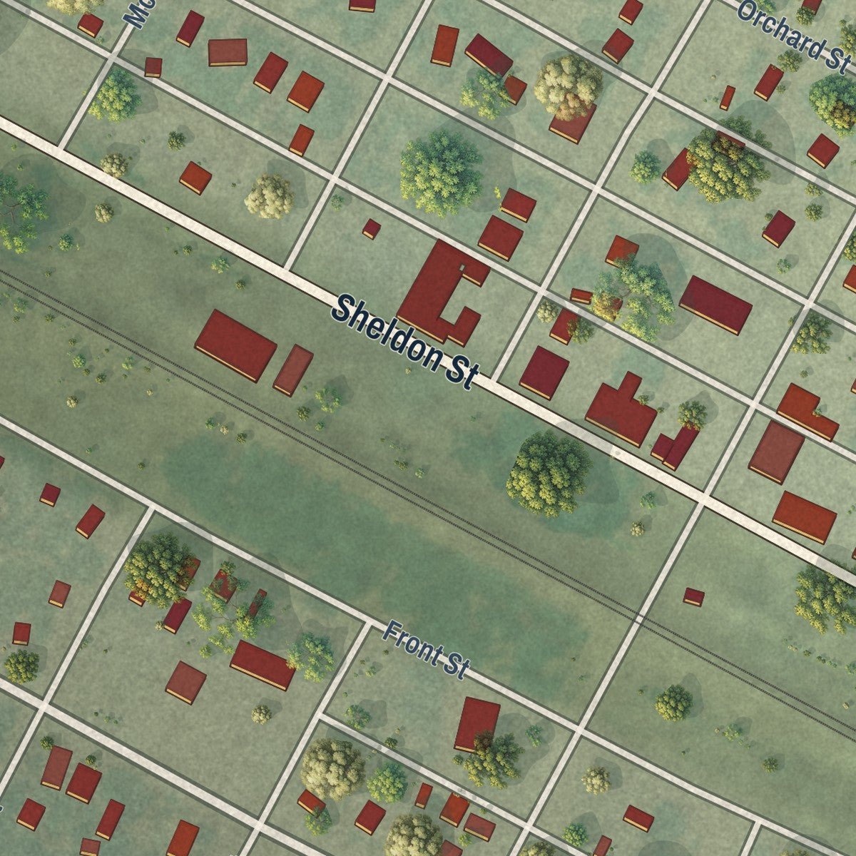 Close-up of the map of Lodgepole, Nebraska print showing street and building detail