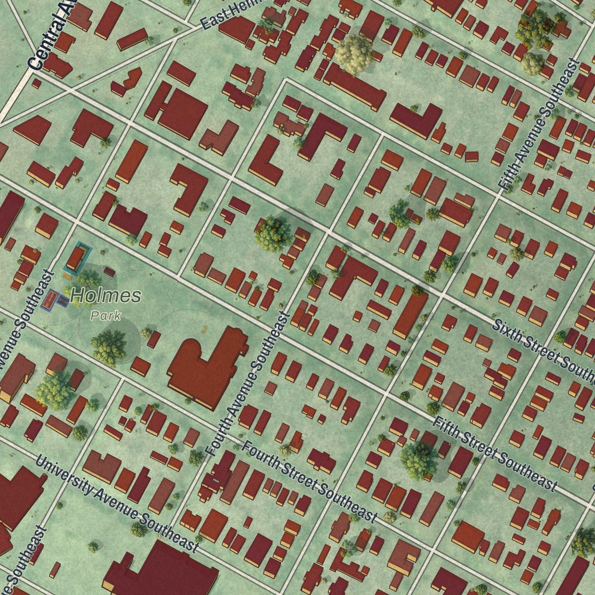 Close-up of the map of Marcy Holmes, Minnesota print showing street and building detail