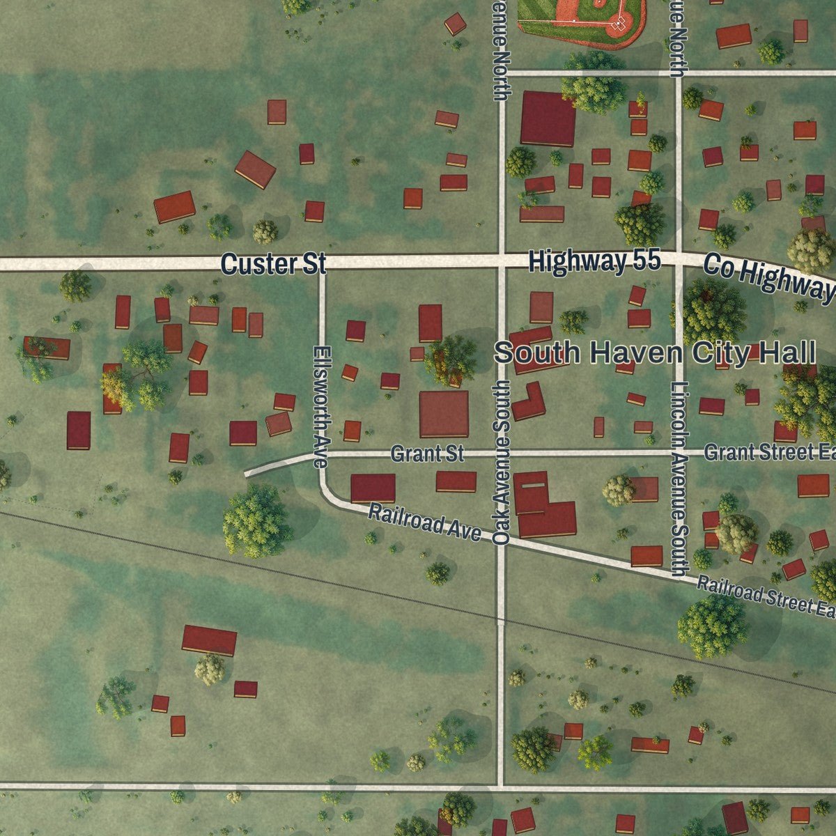 Close-up of the map of South Haven, Minnesota print showing street and building detail