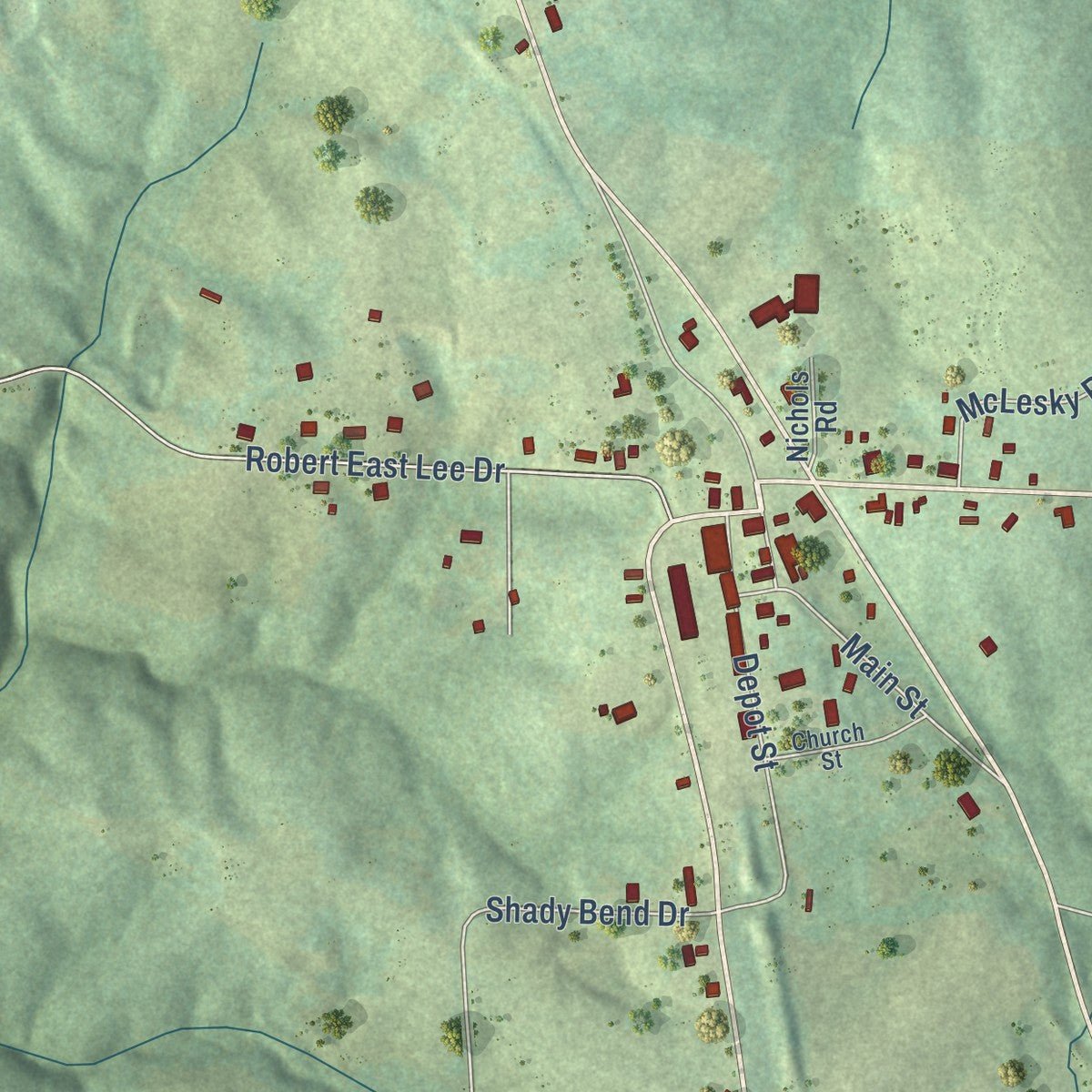 Close-up of the map of Hodges, Alabama print showing street and building detail