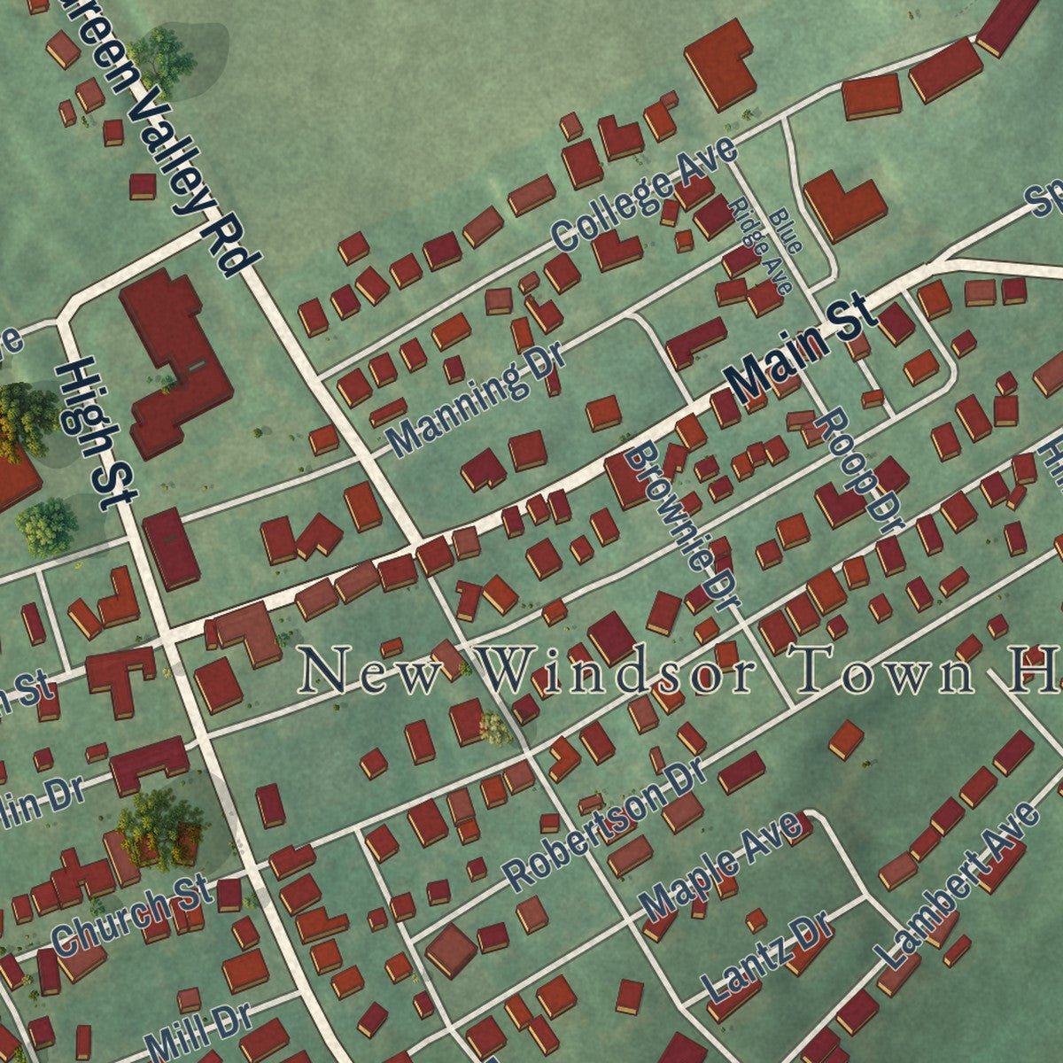 Close-up of the map of New Windsor, Maryland print showing street and building detail