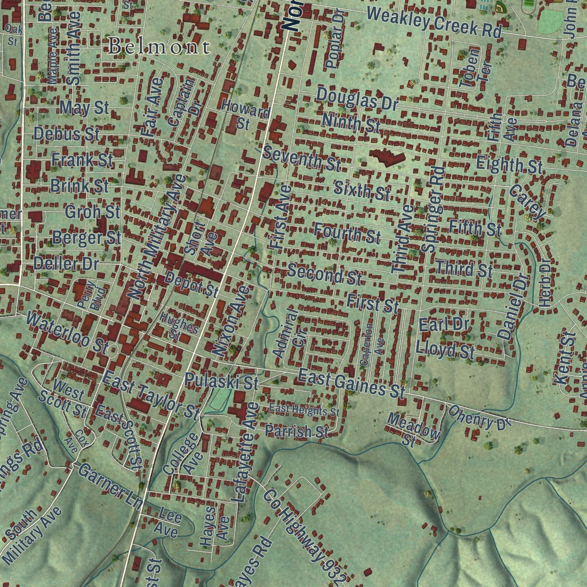 Close-up of the map of Lawrenceburg, Tennessee print showing street and building detail