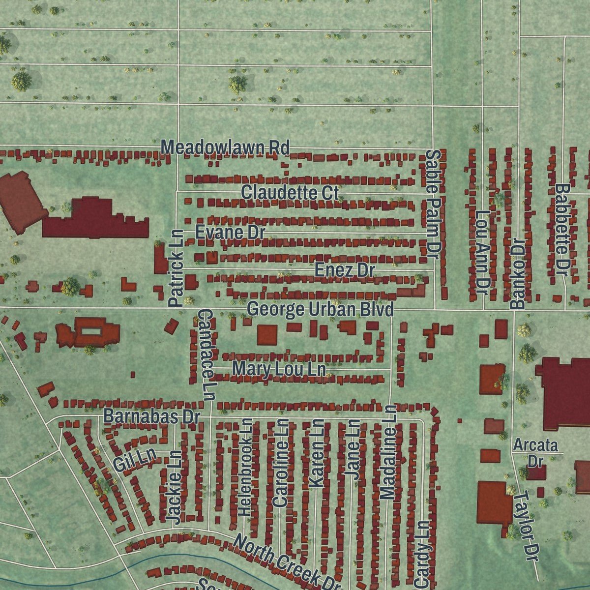 Close-up of the map of Depew, New York print showing street and building detail