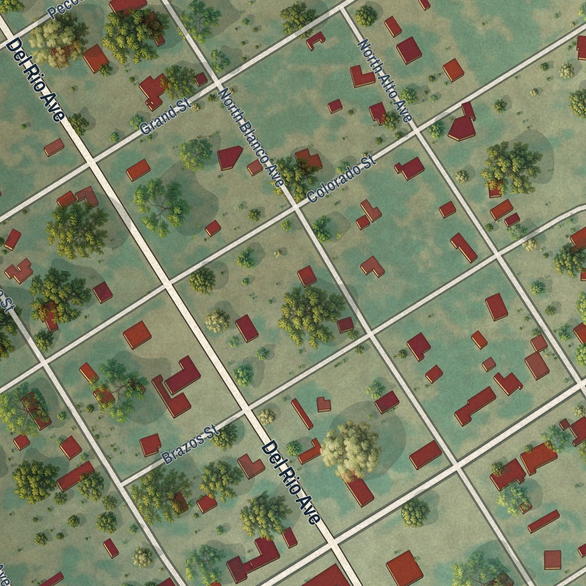 Close-up of the map of Blackwell, Texas print showing street and building detail