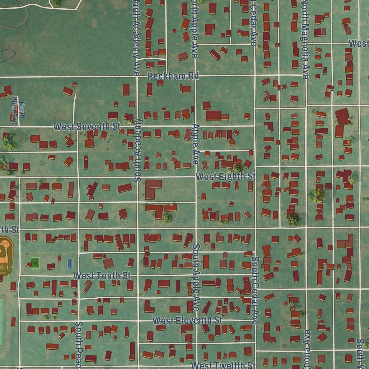 Close-up of the map of Newkirk, Oklahoma print showing street and building detail