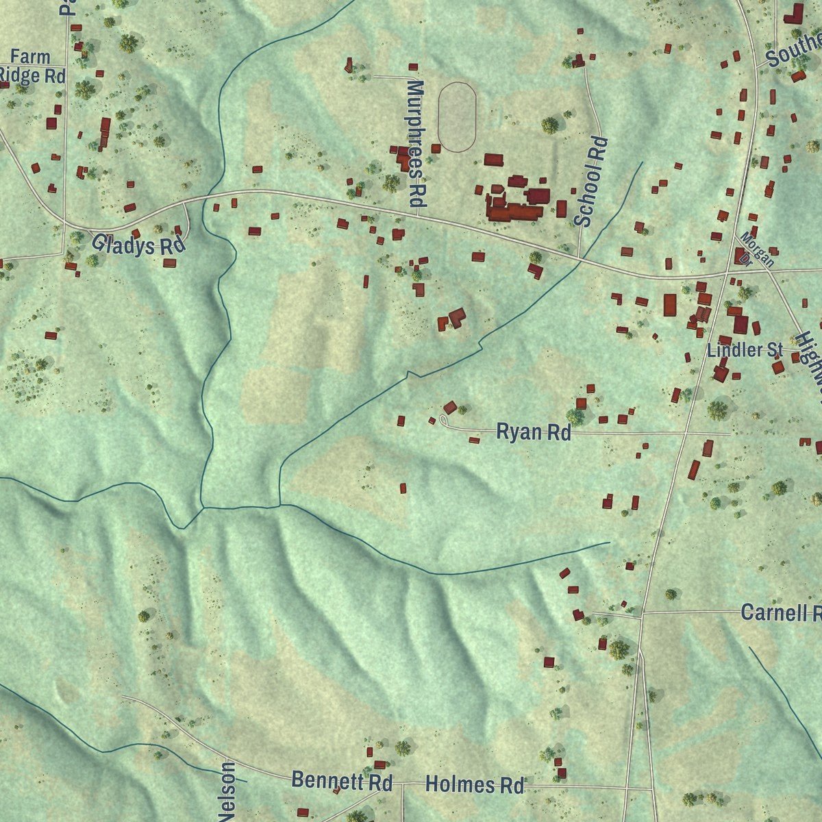 Close-up of the map of Eva, Alabama print showing street and building detail