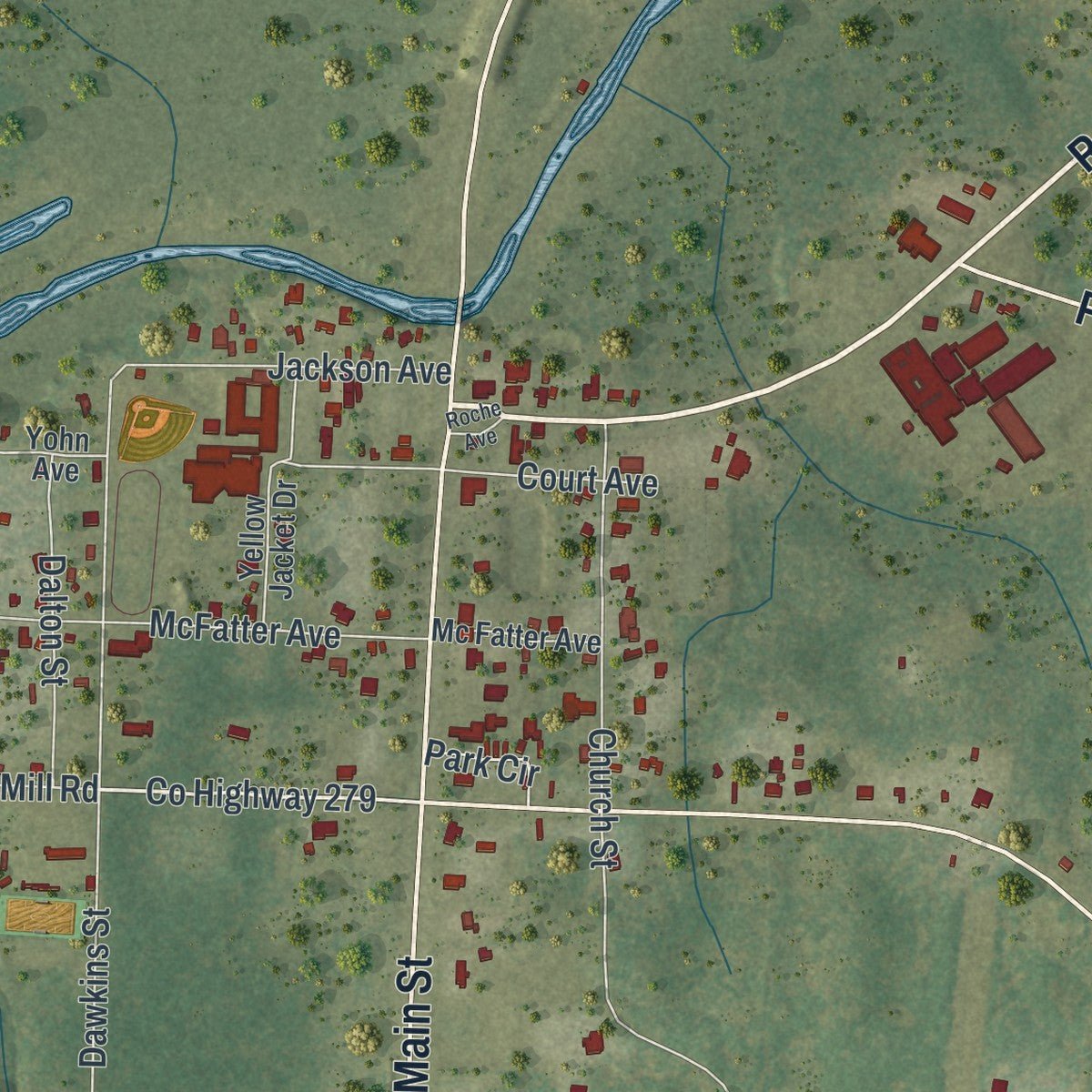 Close-up of the map of Vernon, Florida print showing street and building detail
