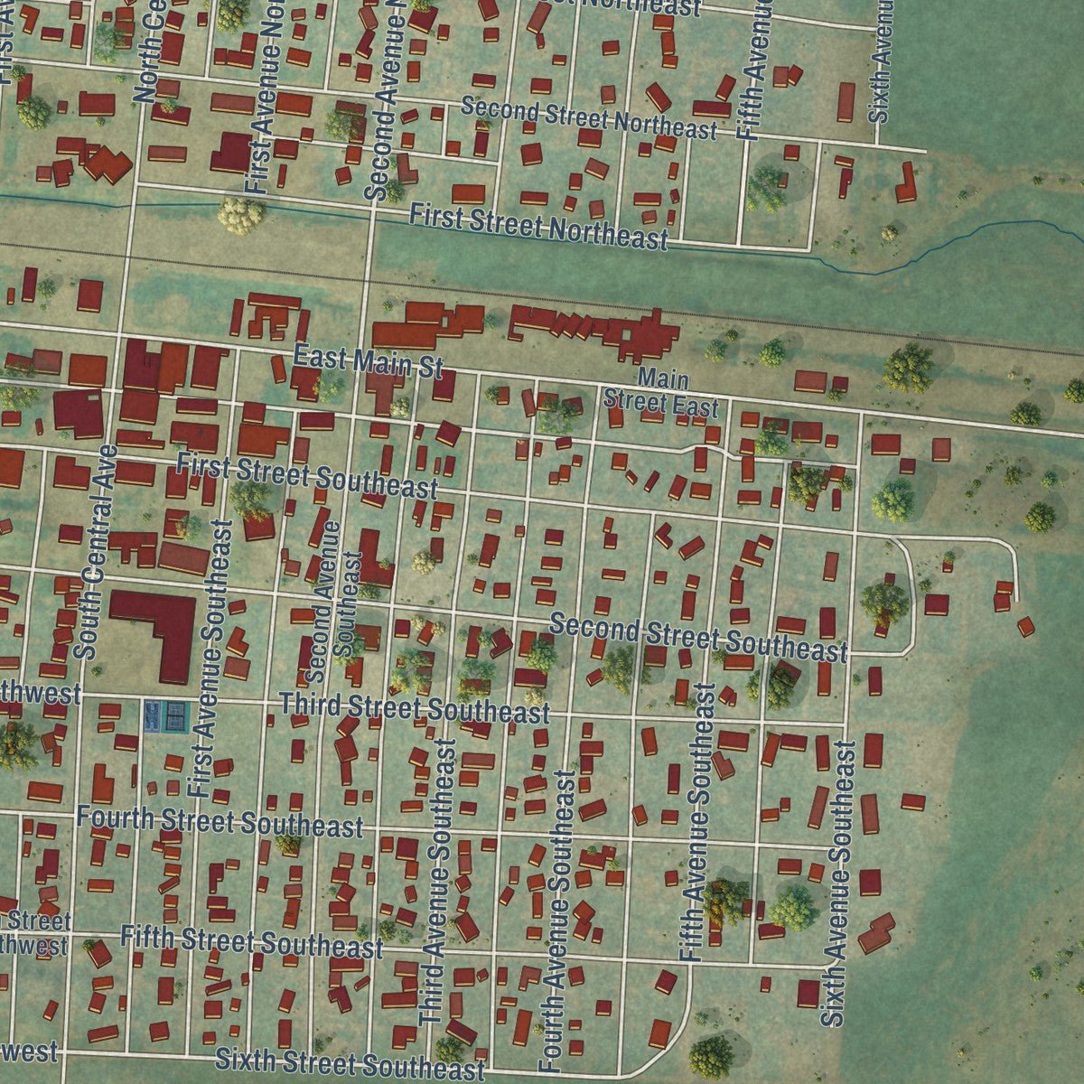 Close-up of the map of Beach, North Dakota print showing street and building detail