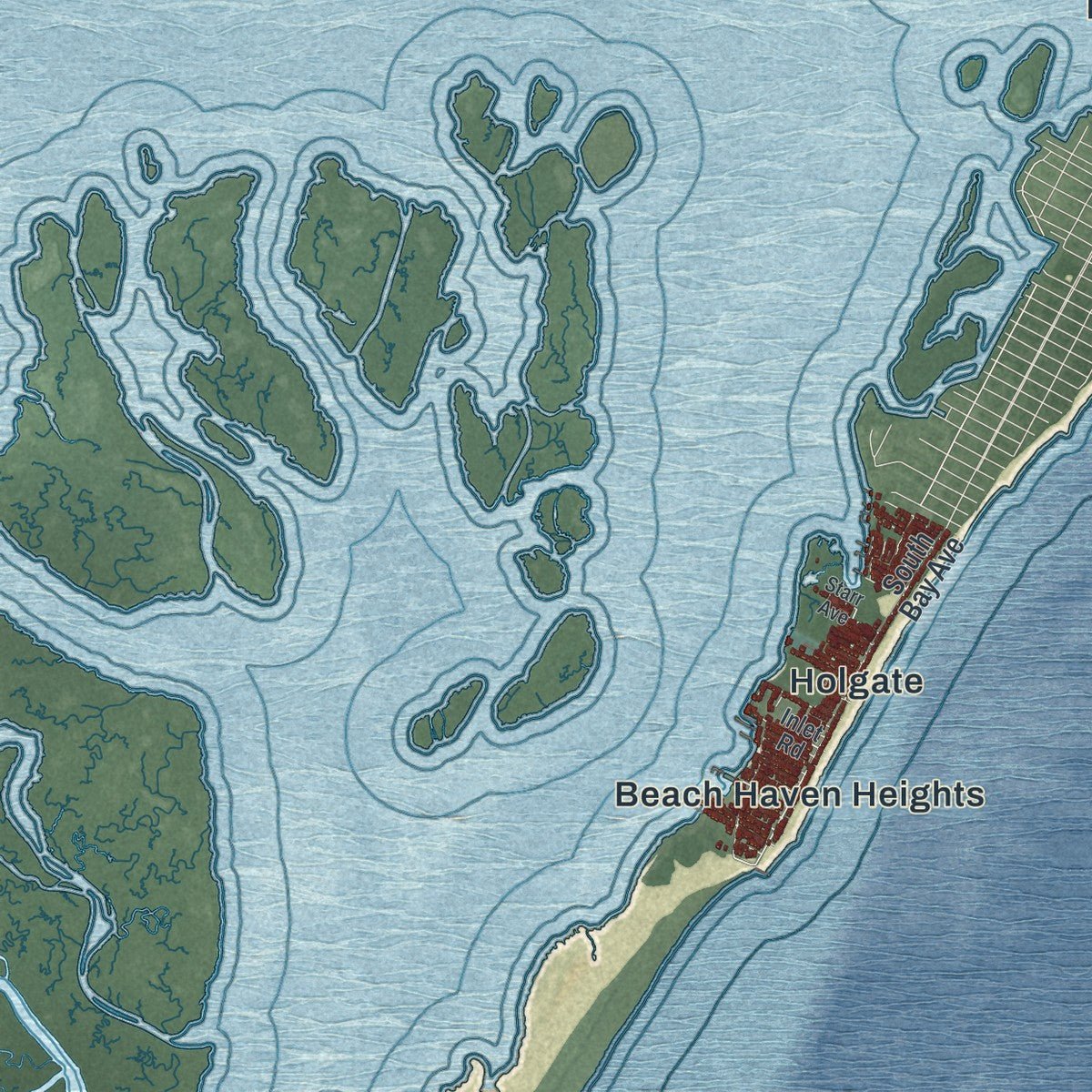 Close-up of the map of Long Beach, New Jersey print showing street and building detail