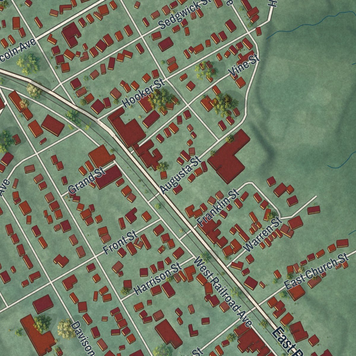 Close-up of the map of Jamesburg, New Jersey print showing street and building detail