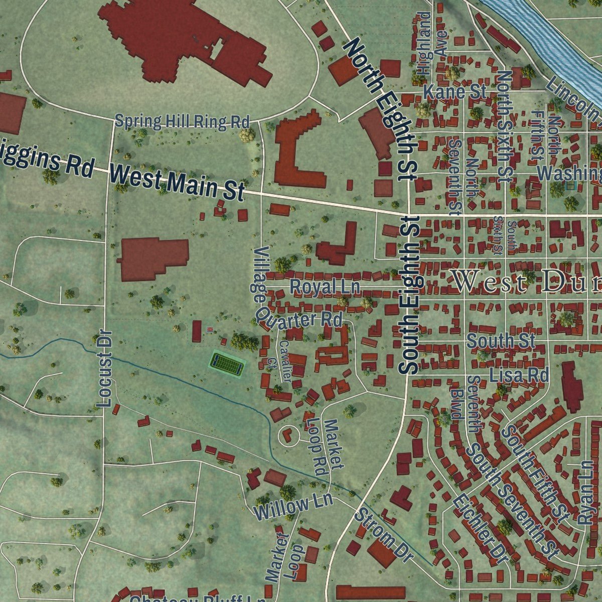 Close-up of the map of West Dundee, Illinois print showing street and building detail