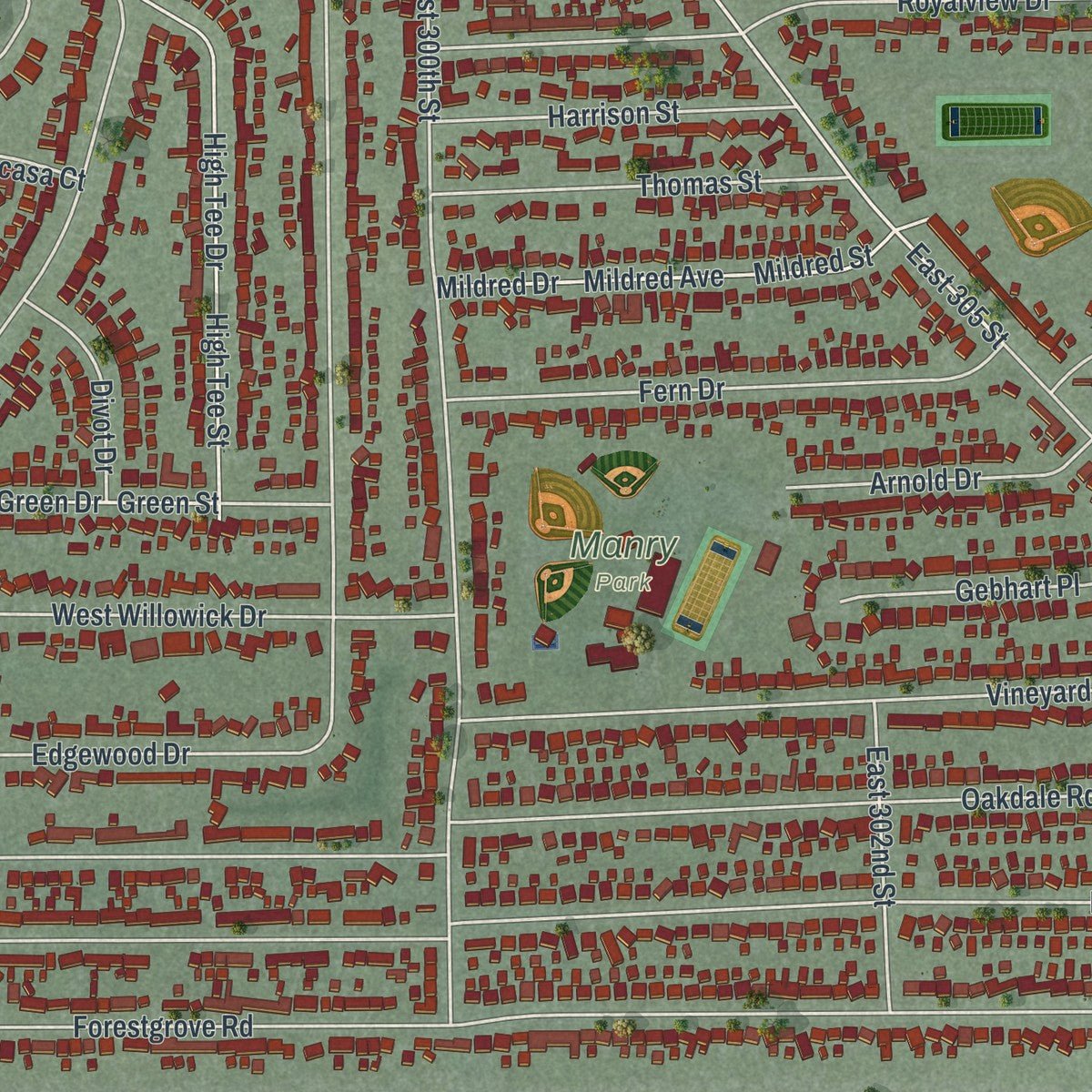 Close-up of the map of Willowick, Ohio print showing street and building detail