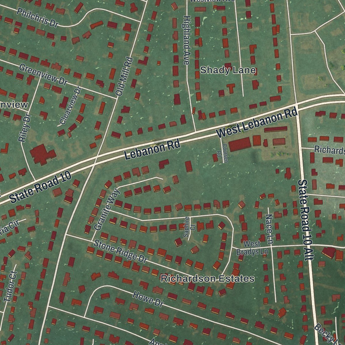 Close-up of the map of Highland Acres, Delaware print showing street and building detail