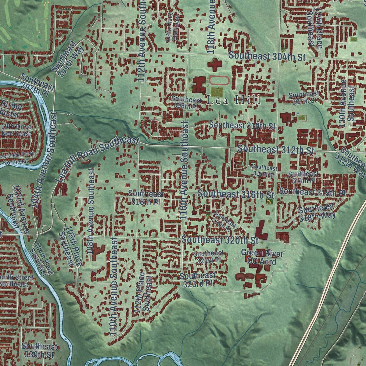 Close-up of the map of Auburn, Washington print showing street and building detail