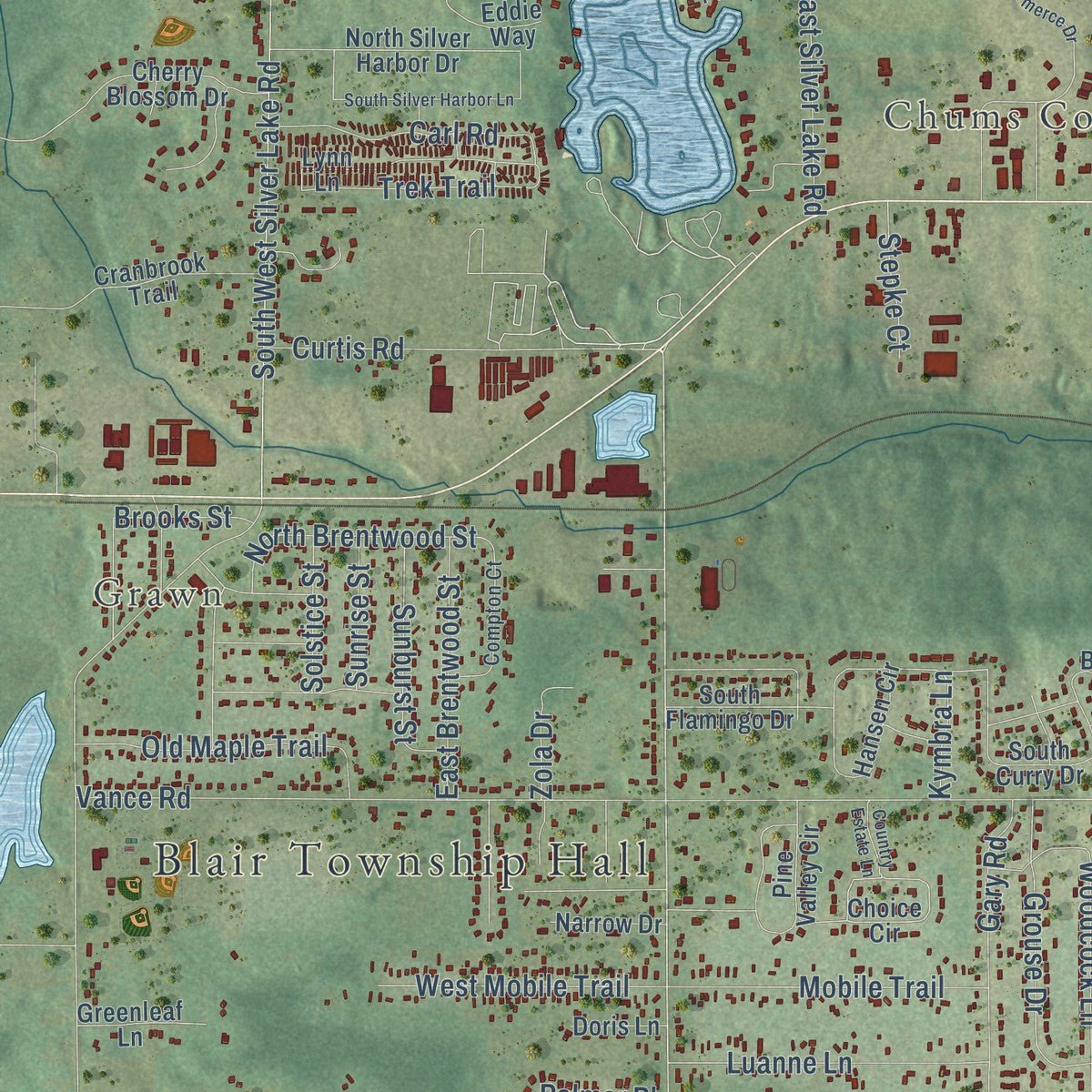 Close-up of the map of Blair, Michigan print showing street and building detail