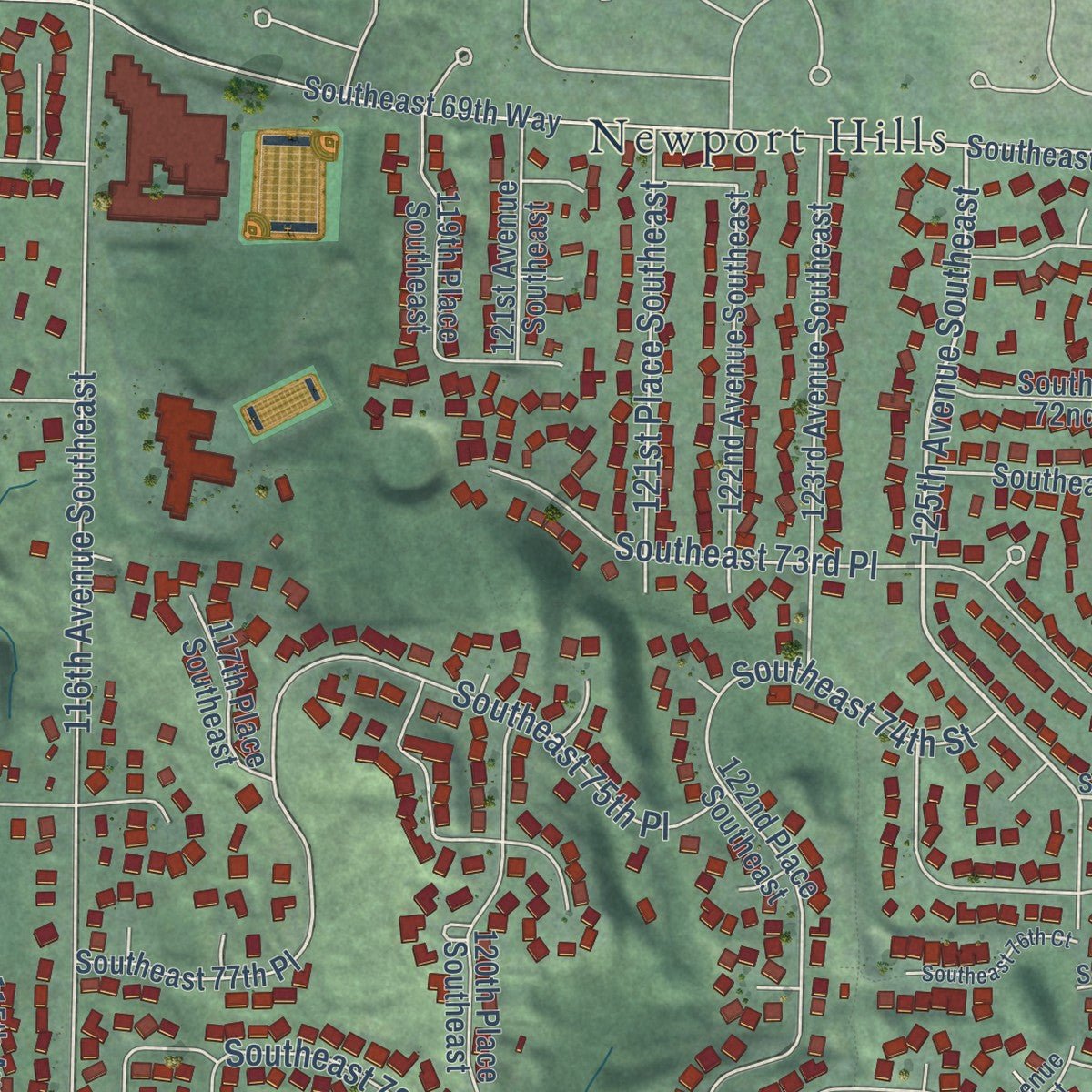 Close-up of the map of Newcastle, Washington print showing street and building detail