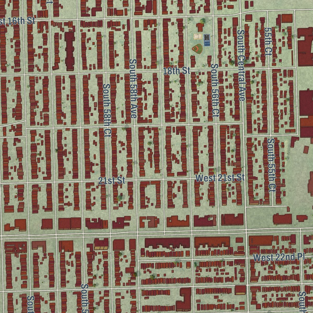 Close-up of the map of Cicero, Illinois print showing street and building detail