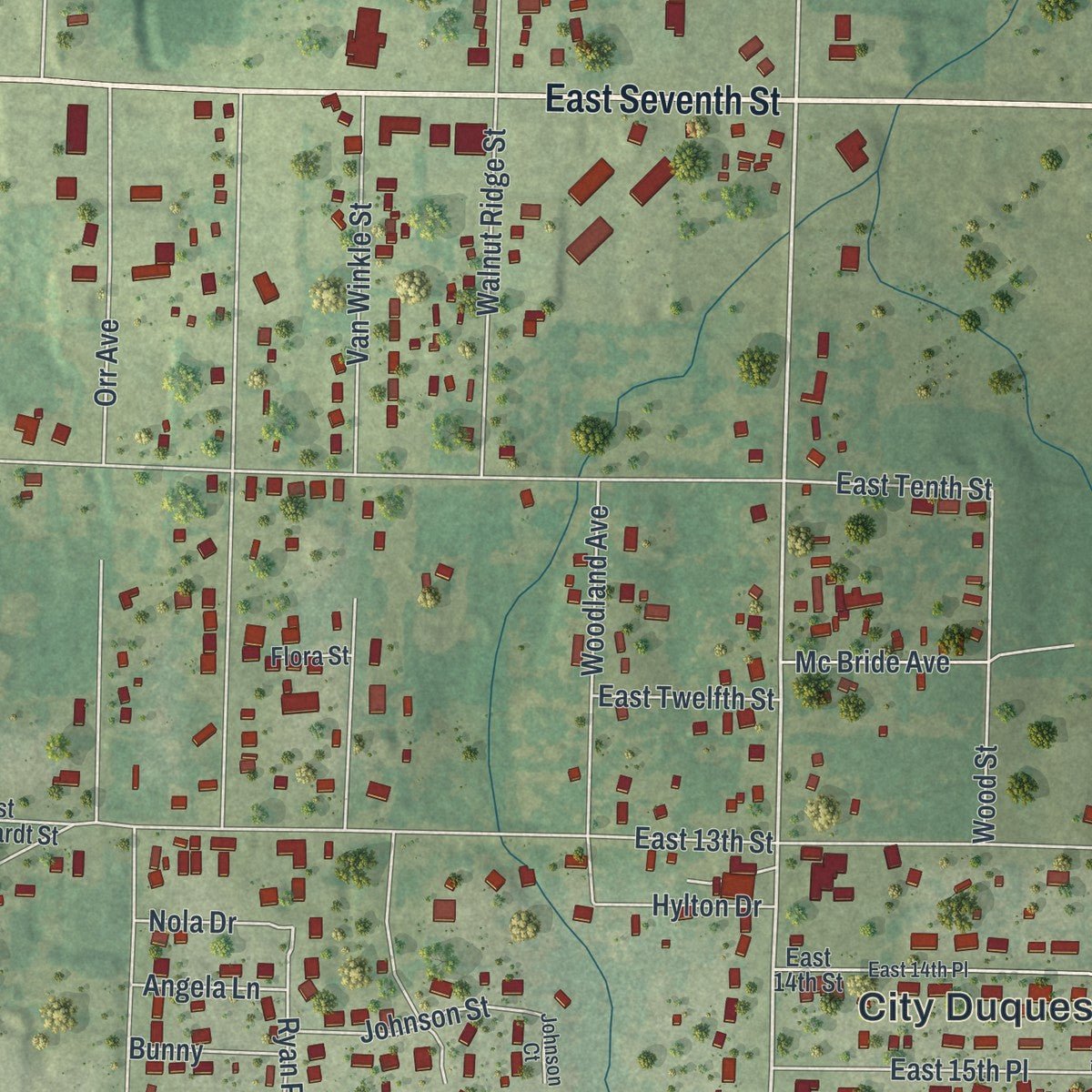Close-up of the map of Duquesne, Missouri print showing street and building detail