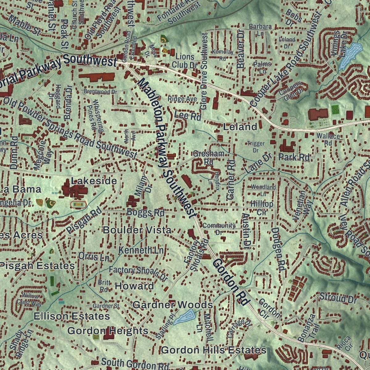 Close-up of the map of Mableton, Georgia print showing street and building detail