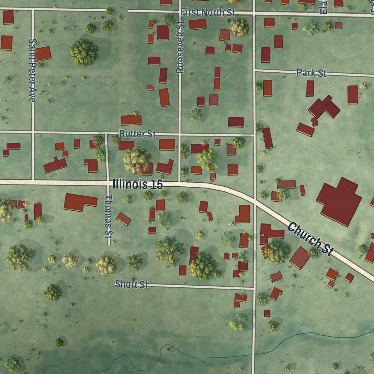 Close-up of the map of St. Libory, Illinois print showing street and building detail