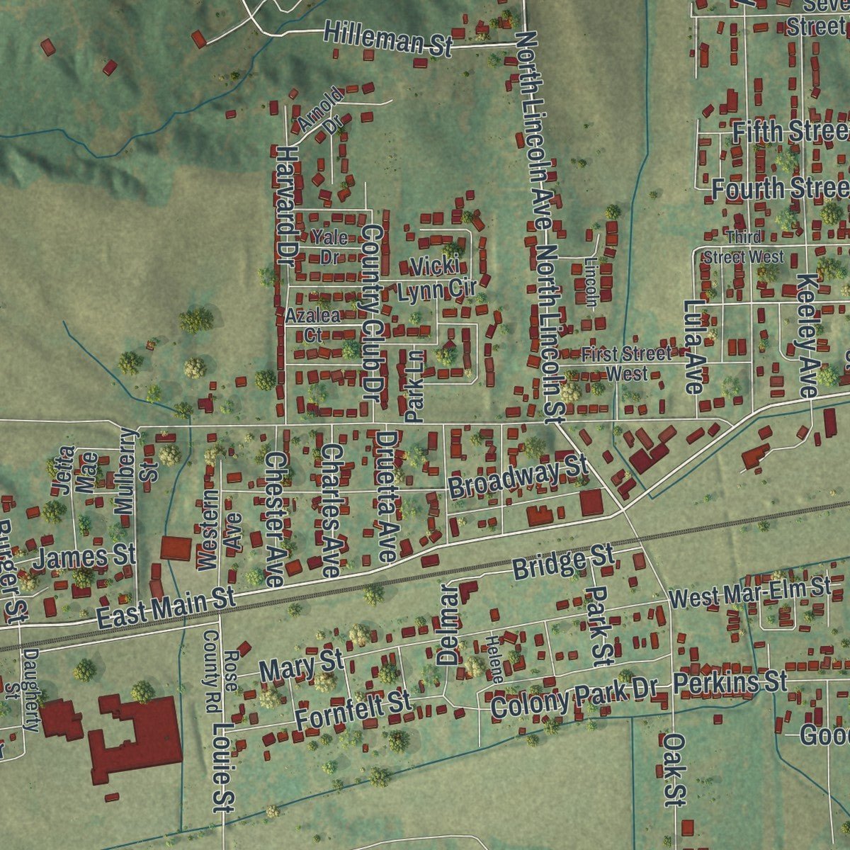 Close-up of the map of Scott City, Missouri print showing street and building detail