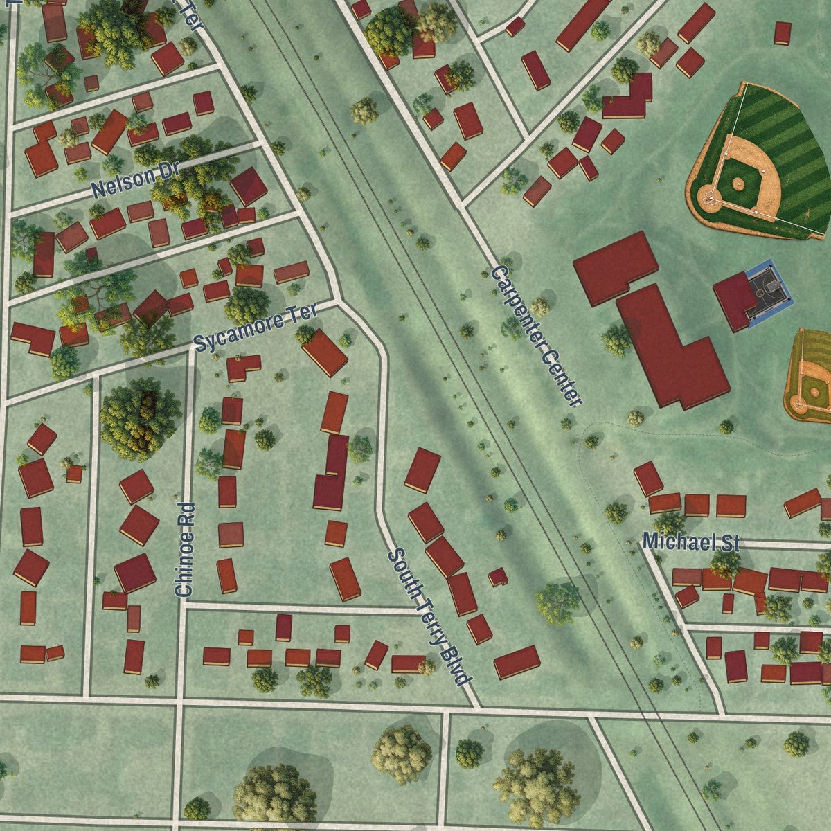 Close-up of the map of Terrytown, Nebraska print showing street and building detail