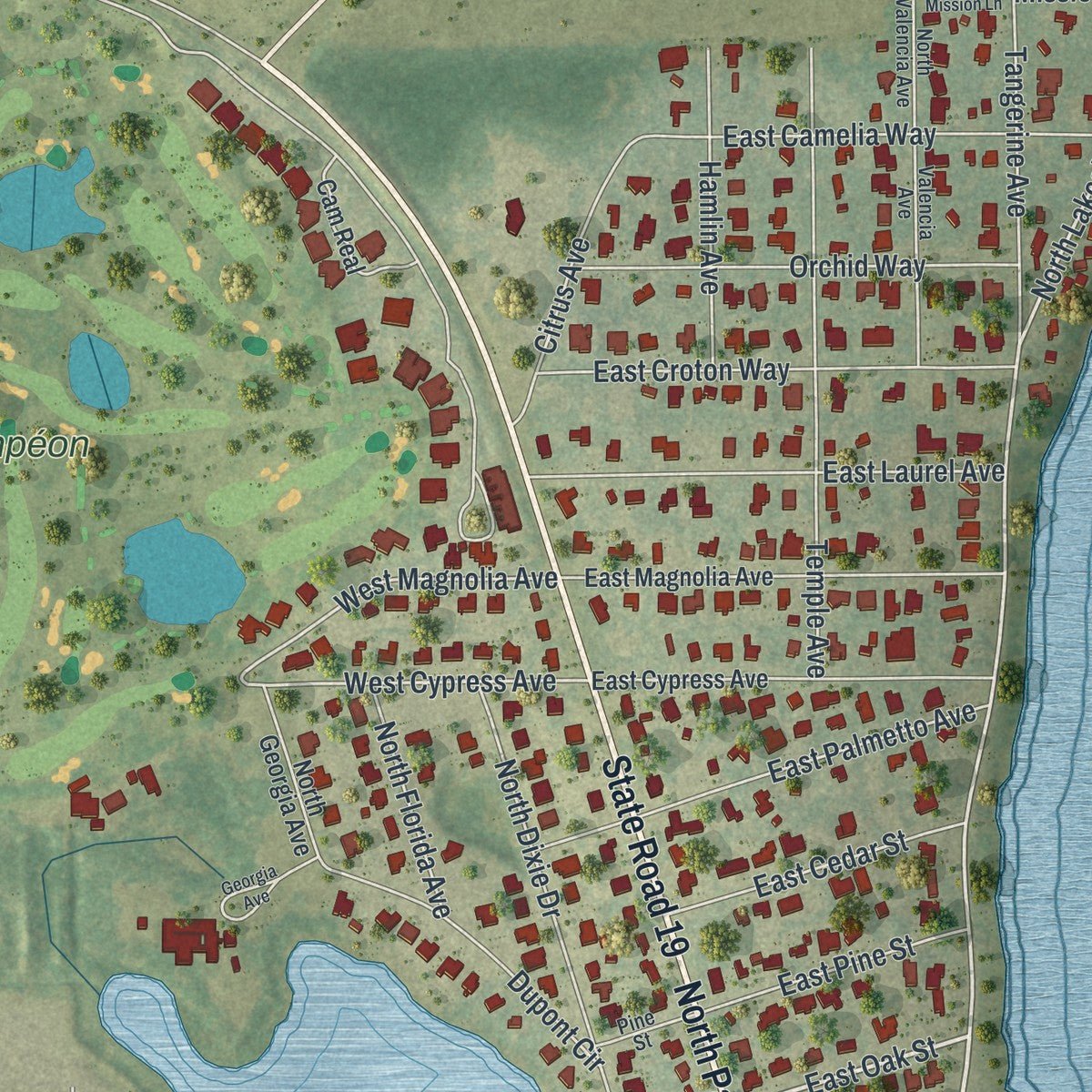 Close-up of the map of Howey-in-the-Hills, Florida print showing street and building detail